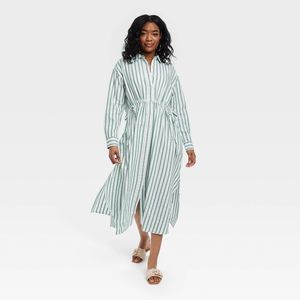 Women's Long Sleeve Cinch Waist Maxi Shirtdress - Universal Thread Green St
